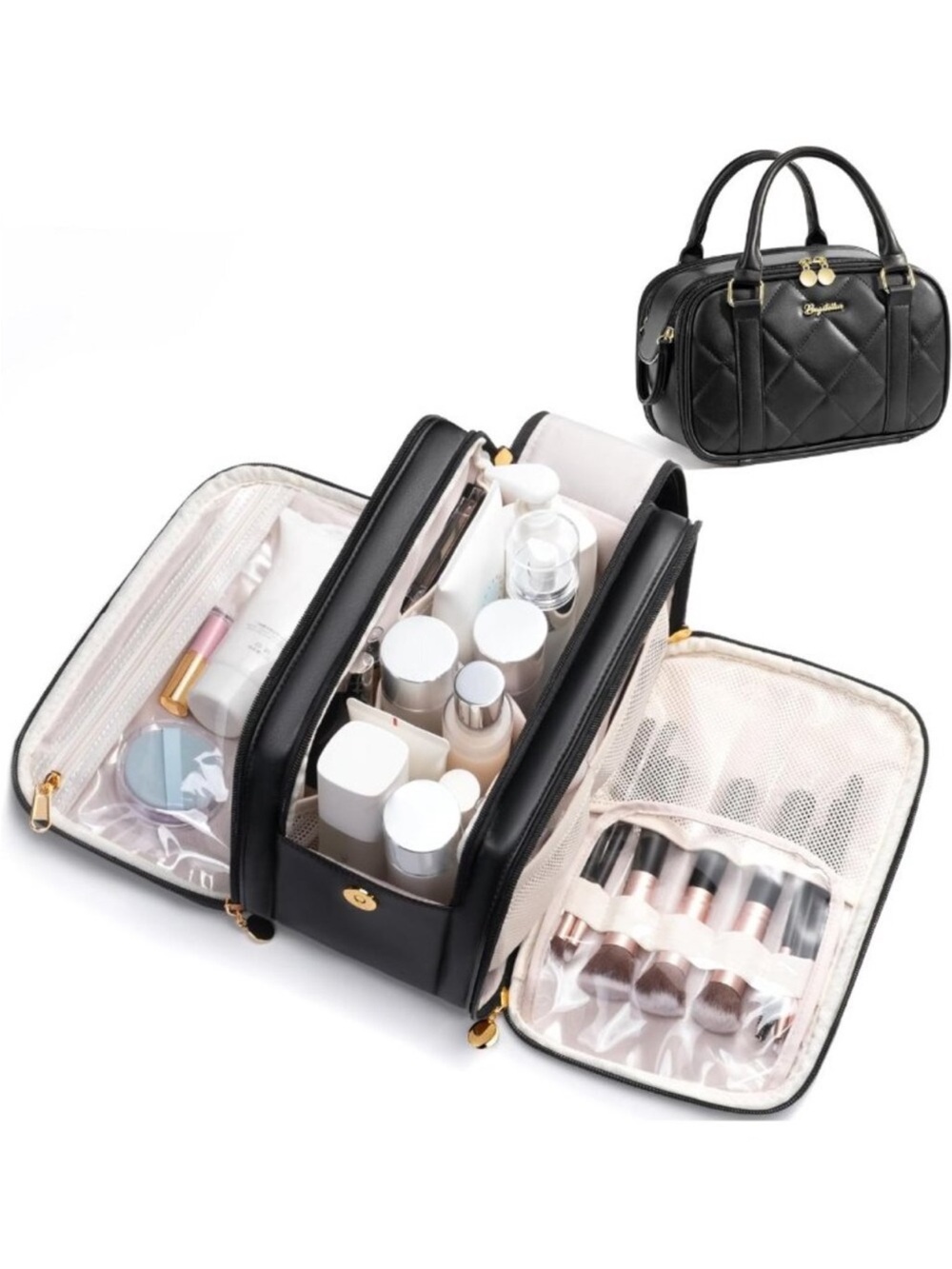 Large  new Capacity Quilted Travel Makeup Bag - Stand-Up Cosmetic Organizer Pouc